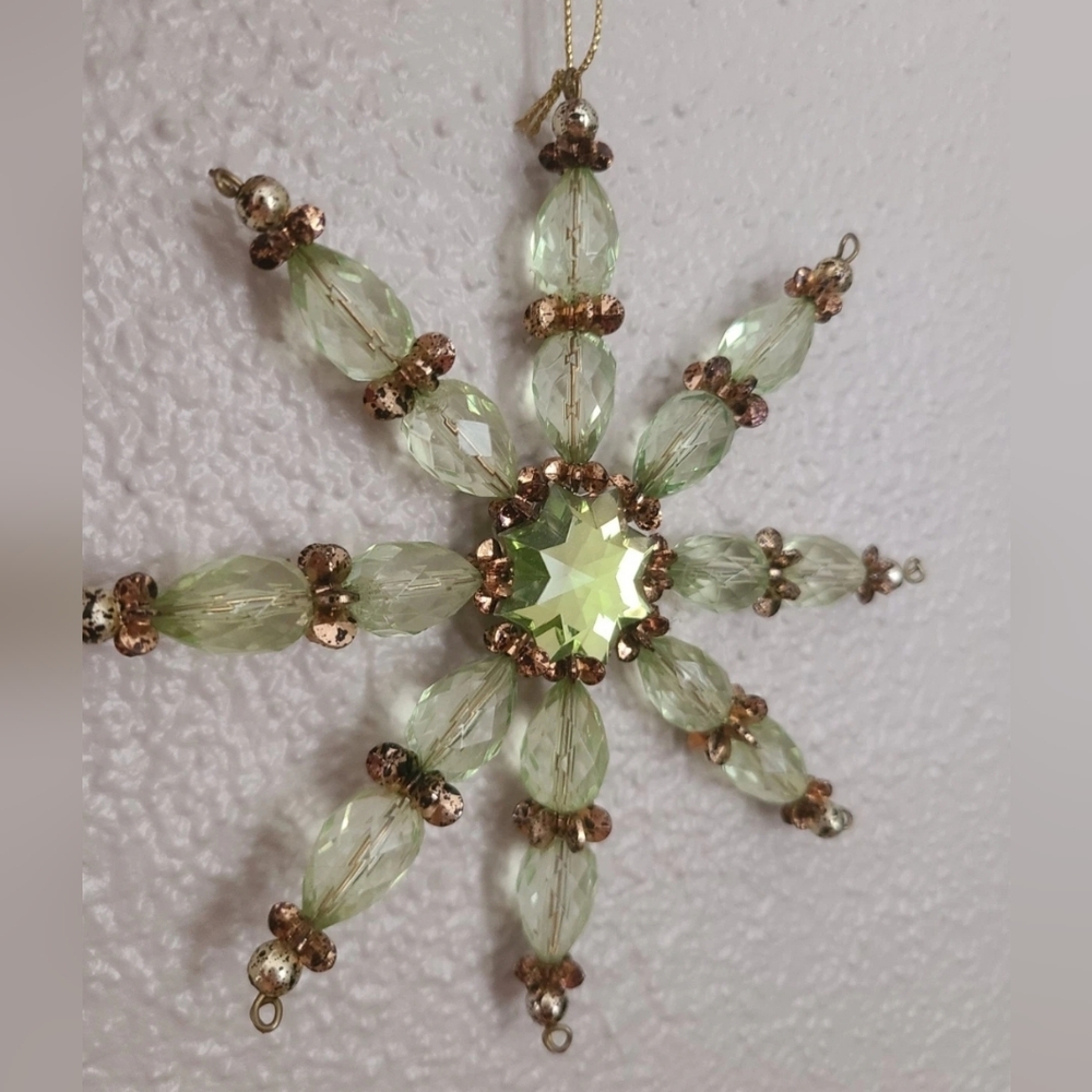 Vintage Beaded Wire Snowflake Ornament Green And Gold